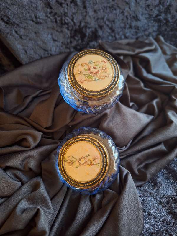 Stunning Vintage Set of Petit Point Pressed Glass Dressing Table Trinket Set