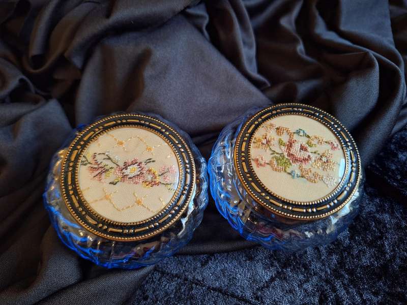 Stunning Vintage Set of Petit Point Pressed Glass Dressing Table Trinket Set