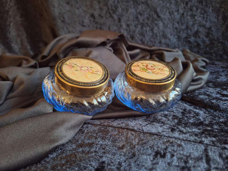 Stunning Vintage Set of Petit Point Pressed Glass Dressing Table Trinket Set