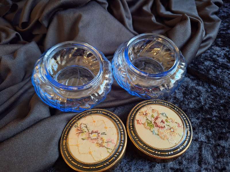 Stunning Vintage Set of Petit Point Pressed Glass Dressing Table Trinket Set