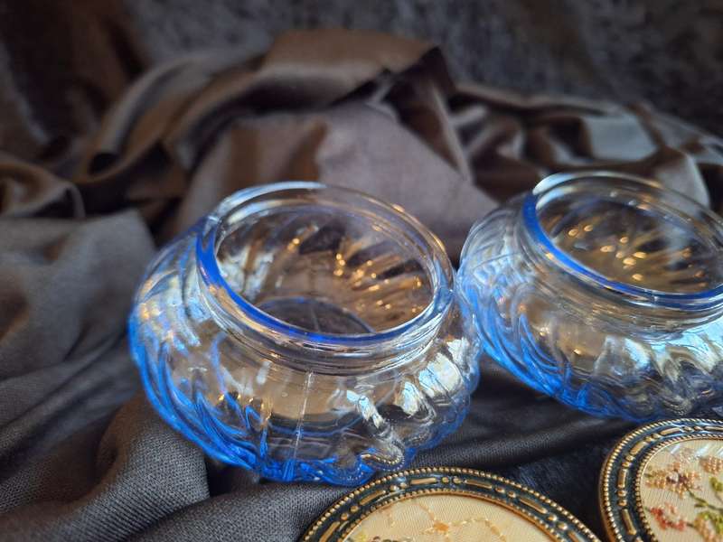 Stunning Vintage Set of Petit Point Pressed Glass Dressing Table Trinket Set