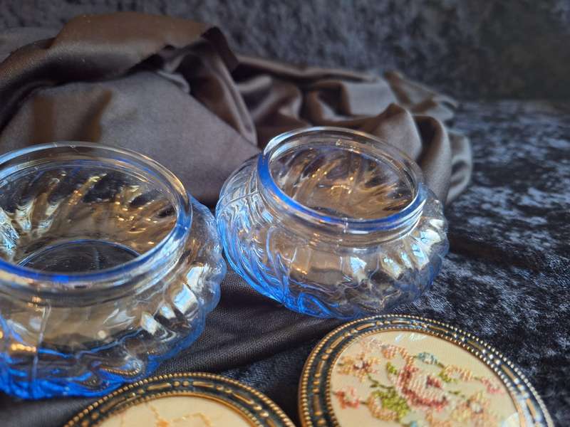 Stunning Vintage Set of Petit Point Pressed Glass Dressing Table Trinket Set