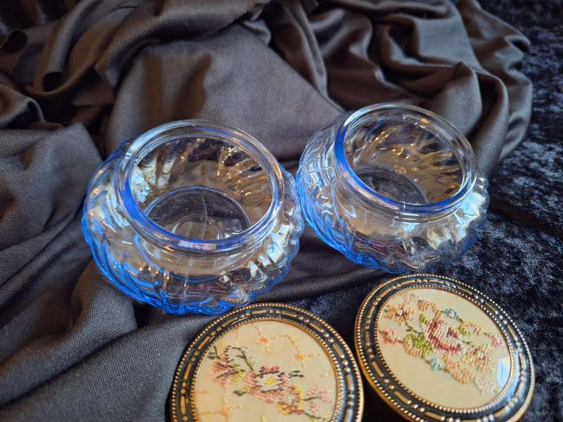 Stunning Vintage Set of Petit Point Pressed Glass Dressing Table Trinket Set