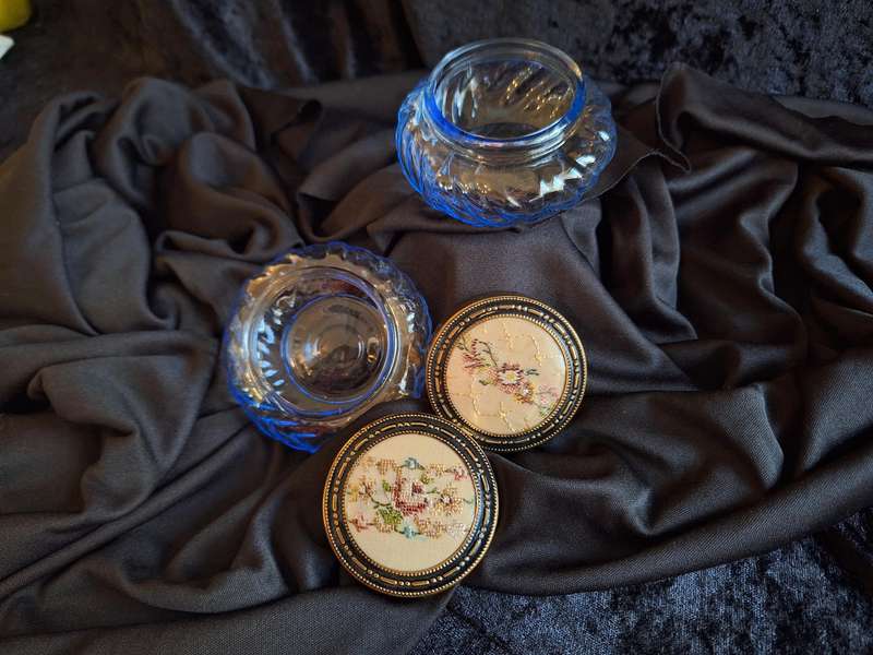 Stunning Vintage Set of Petit Point Pressed Glass Dressing Table Trinket Set