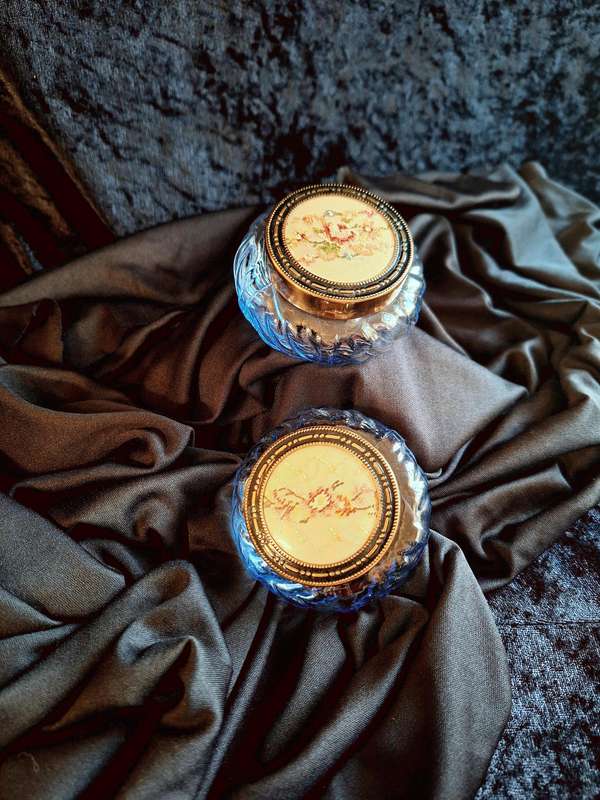 Stunning Vintage Set of Petit Point Pressed Glass Dressing Table Trinket Set
