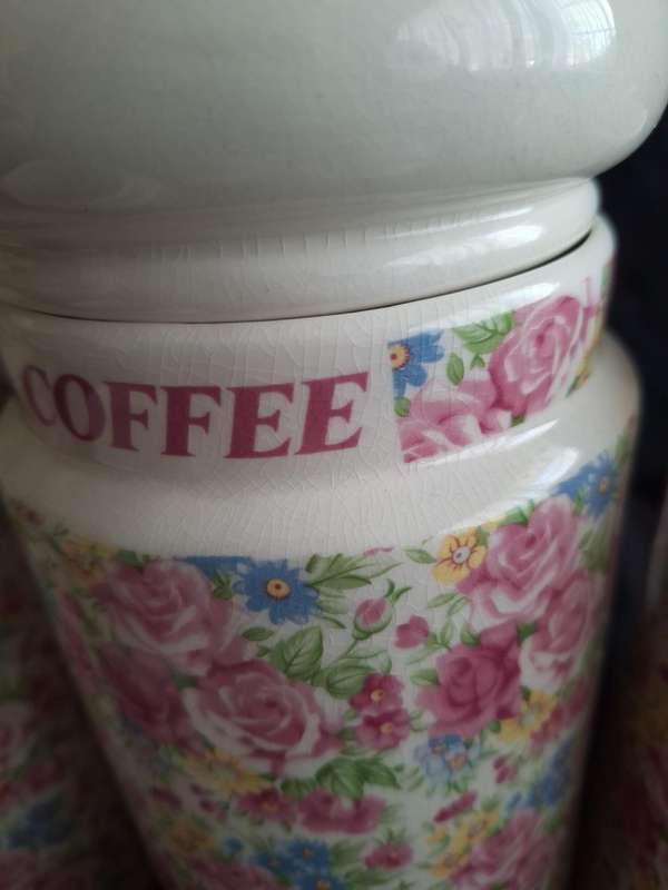 Beautiful Vintage Jones & Middlton Ltd. Ceramic Chintz Kitchen Counter Canister Set.