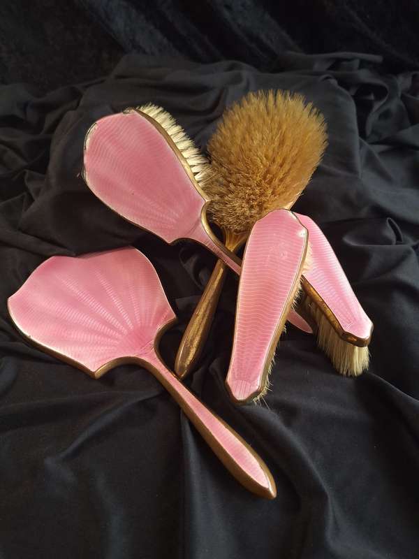 Beautiful Art-Deco Pink Enamel Dressing Table Set.
