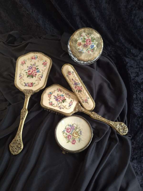 Stunning Vintage Petit Point Dressing Table Set.