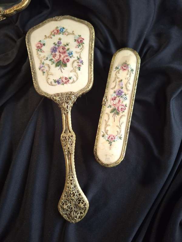 Stunning Vintage Petit Point Dressing Table Set.