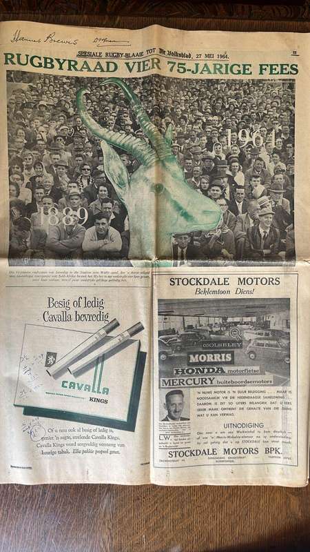 1964 Rugbyraad Vier 75-Jarige Fees Volksblad Signed Supplement, details below