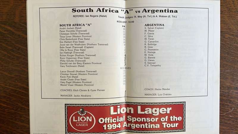 1994 South Africa vs Argentina at Bosman Stadium Programme, details below