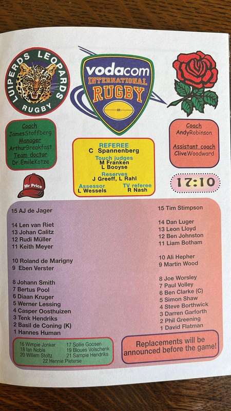 2000 Leopards vs England at Olën Park Programme, details below