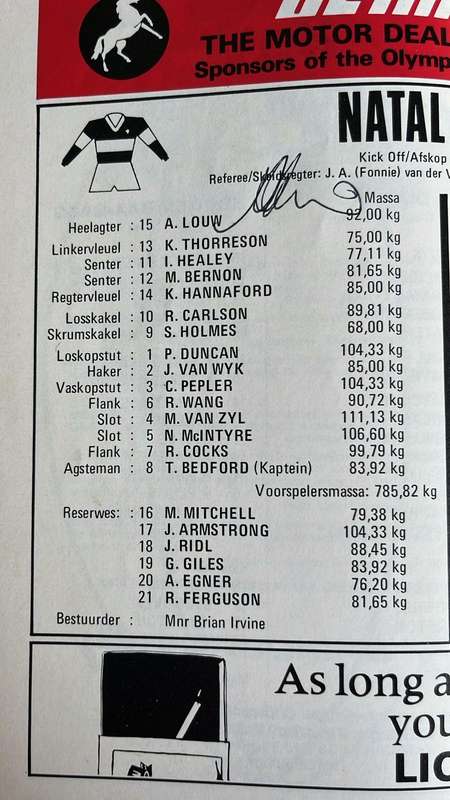 1976 Natal vs All Blacks at Kings Park Signed Programme, details below