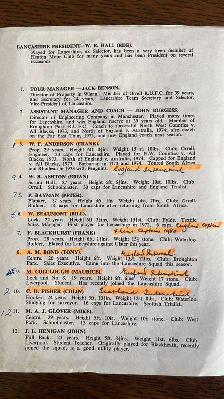 1979 International Rugby Team Itinerary, Signed & Lancashire Touring Party, details below