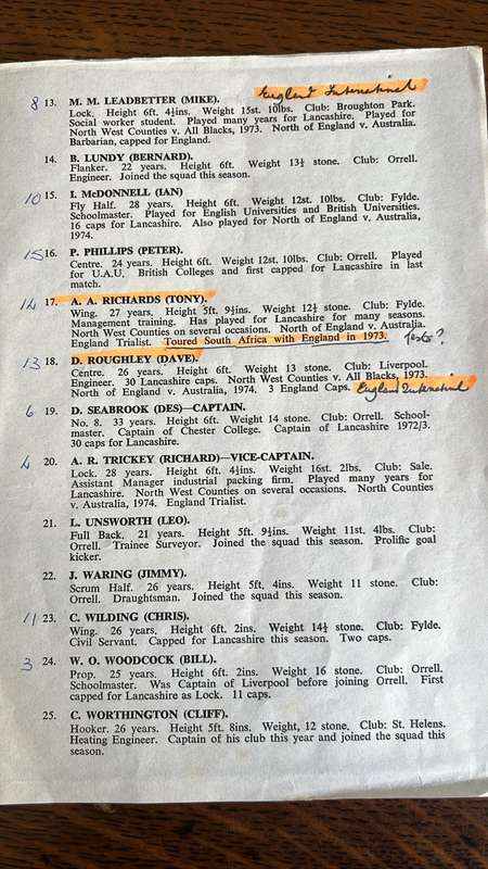 1979 International Rugby Team Itinerary, Signed & Lancashire Touring Party, details below