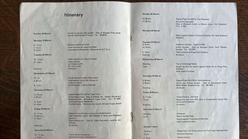 1979 International Rugby Team Itinerary, Signed & Lancashire Touring Party, details below