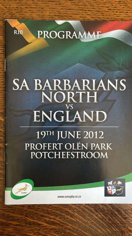 2012 SA Barbarians North vs England at Olën Park Programme, details below