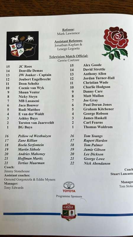 2012 SA Barbarians North vs England at Olën Park Programme, details below