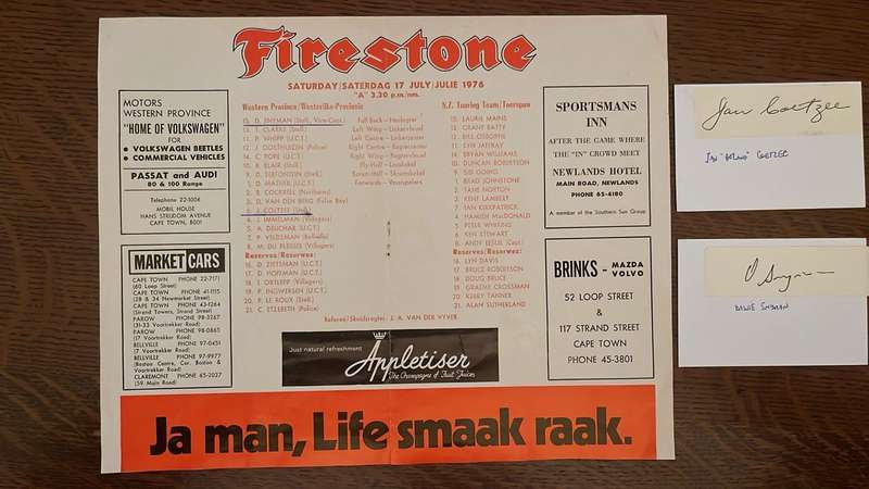 1976 Western Province vs New Zealand at Newlands Team Sheet & Signatures, details below