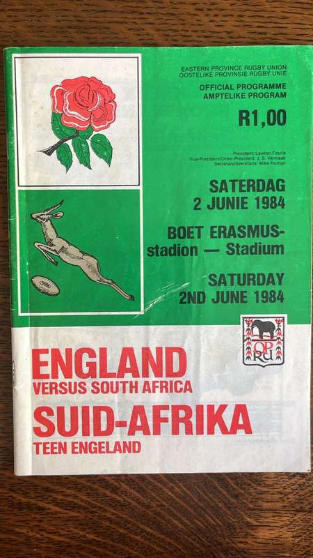 1984 England vs South Africa at Boet Erasmus Signed Programme, details below