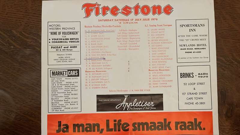 1976 Western Province vs New Zealand at Newlands Team Sheet & Signatures, details below