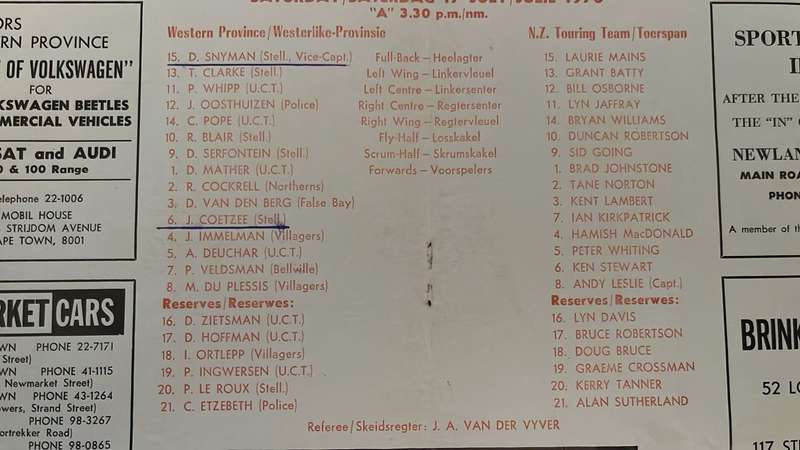 1976 Western Province vs New Zealand at Newlands Team Sheet & Signatures, details below