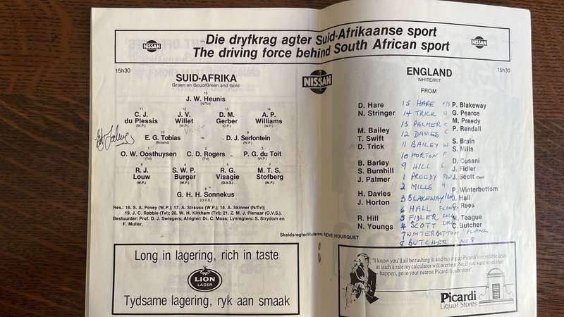 1984 England vs South Africa at Boet Erasmus Signed Programme, details below