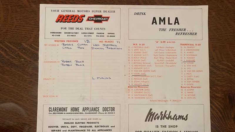 1976 Western Province vs New Zealand at Newlands Team Sheet & Signatures, details below