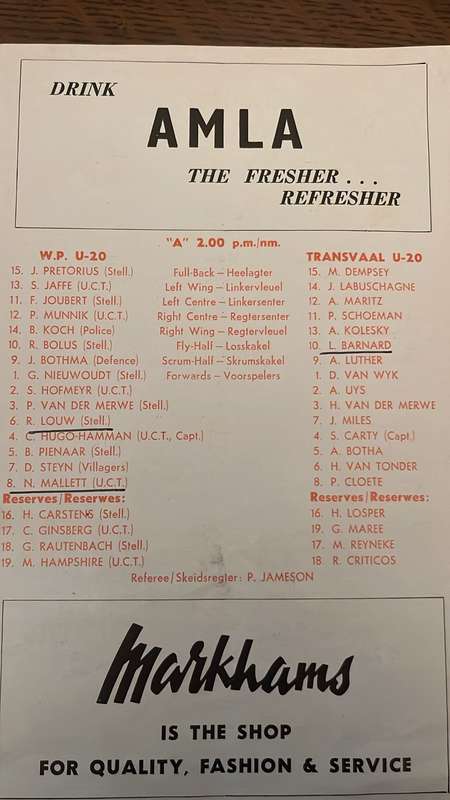 1976 Western Province vs New Zealand at Newlands Team Sheet & Signatures, details below