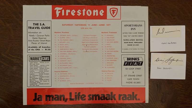 1977 Western Province vs Northern Transvaal at Newlands Team Sheet & Signatures, details below