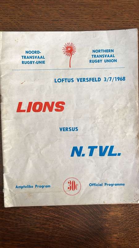 1968 British Lions vs Northern Transvaal at Loftus Programme, details below