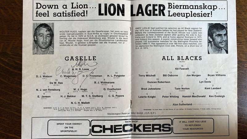 1976 Gazelles vs All Blacks at Boet Erasmus Stadium, Signed Programme, details below