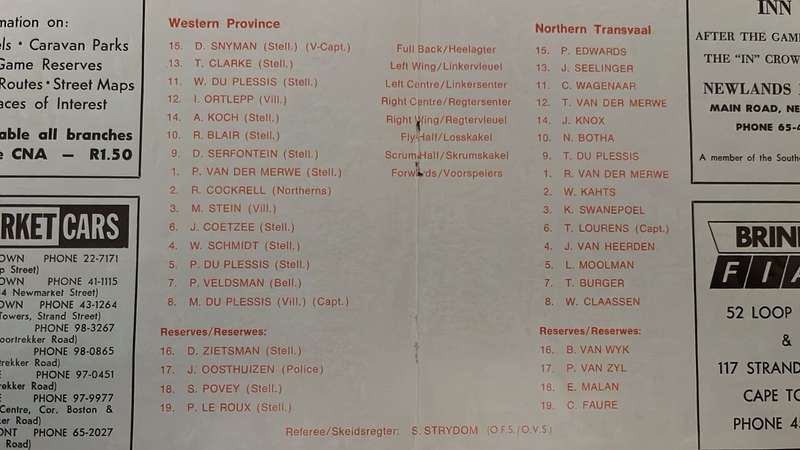 1977 Western Province vs Northern Transvaal at Newlands Team Sheet & Signatures, details below