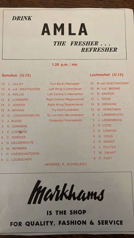 1977 Western Province vs Northern Transvaal at Newlands Team Sheet & Signatures, details below