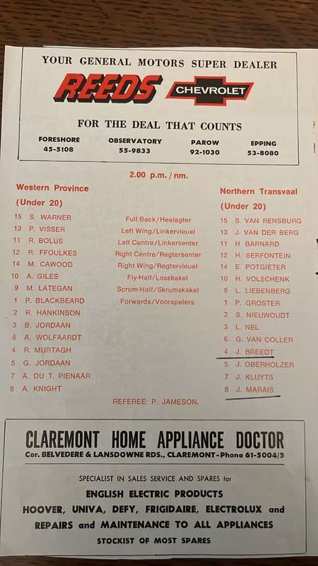 1977 Western Province vs Northern Transvaal at Newlands Team Sheet & Signatures, details below
