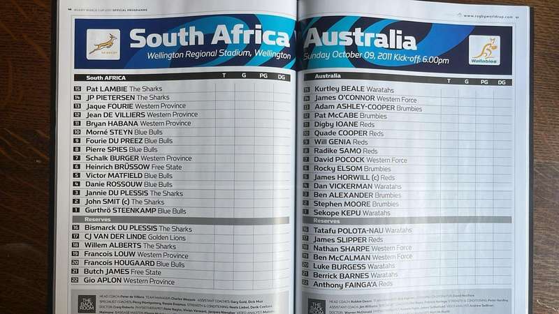 Rugby World Cup 2011 South Africa vs Australia Quarter Final Programme, details below