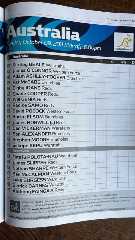 Rugby World Cup 2011 South Africa vs Australia Quarter Final Programme, details below
