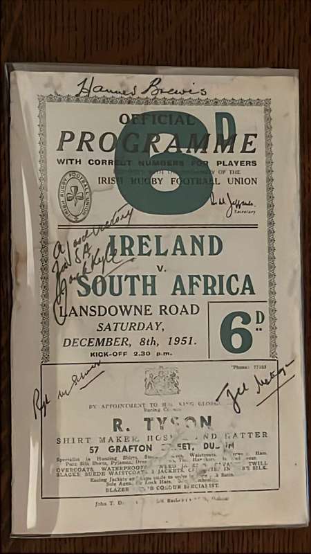 1951 Ireland vs South Africa at Lansdowne Signed & Inscribed Programme, details below