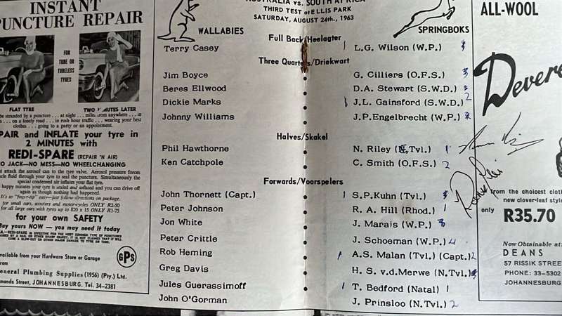 1963 Springboks vs Wallabies Pictorial Souvenir Programme, Signed & Pin, details below