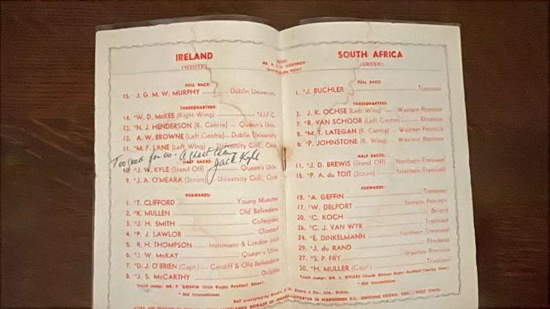 1951 Ireland vs South Africa at Lansdowne Signed & Inscribed Programme, details below