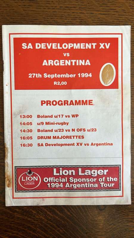 1994 South African Development XV vs Argentina in Wellington Programme, details below