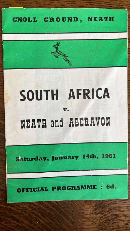1961 South Africa vs Neath & Aberavon at Gnoll Ground Programme & Signatures, details below