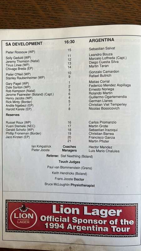1994 South African Development XV vs Argentina in Wellington Programme, details below
