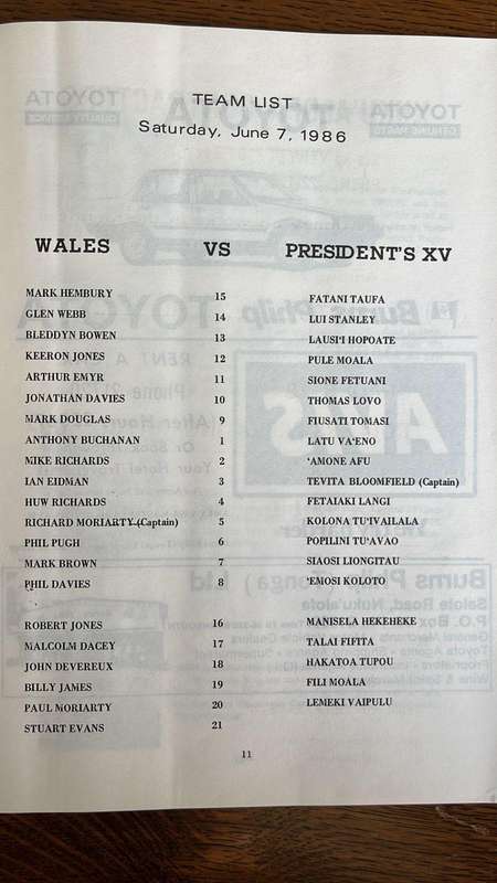 1986 Wales vs Tonga President XV at Teufaiva Park Programme, details below