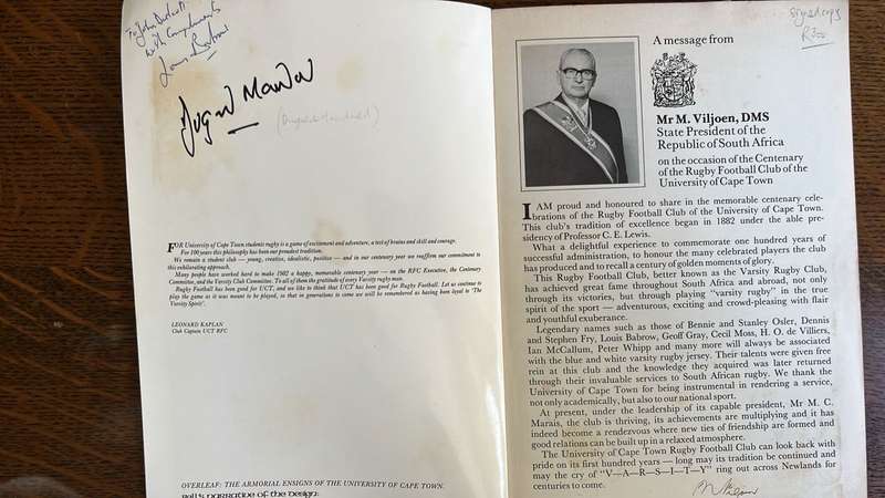 University of Cape Town Rugby Football Club Centenary Signed & Letter, details below