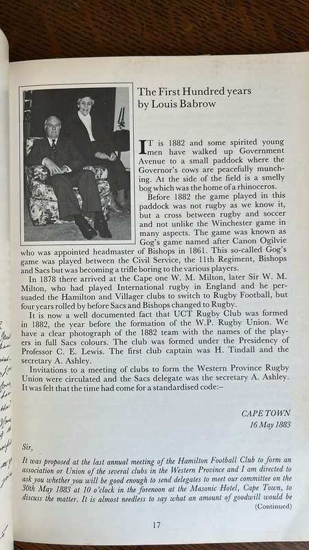 University of Cape Town Rugby Football Club Centenary Signed & Letter, details below