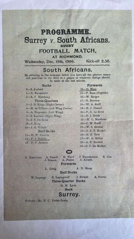 1906 Surrey vs South Africa at Richmond Programme, this is a copy, details below