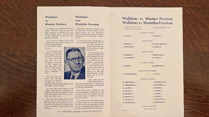 1963 Western Province  vs Wallabies at Newlands, Multiple Signatures Programme, details below