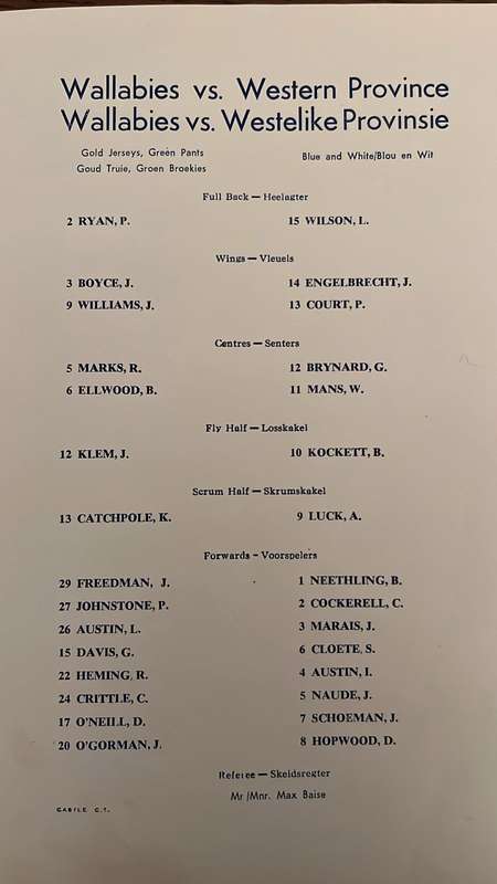 1963 Western Province  vs Wallabies at Newlands, Multiple Signatures Programme, details below