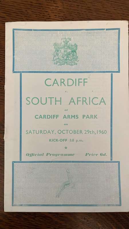 1960 Cardiff vs South Africa Programme & Reunion Dinner Menu Card, details below
